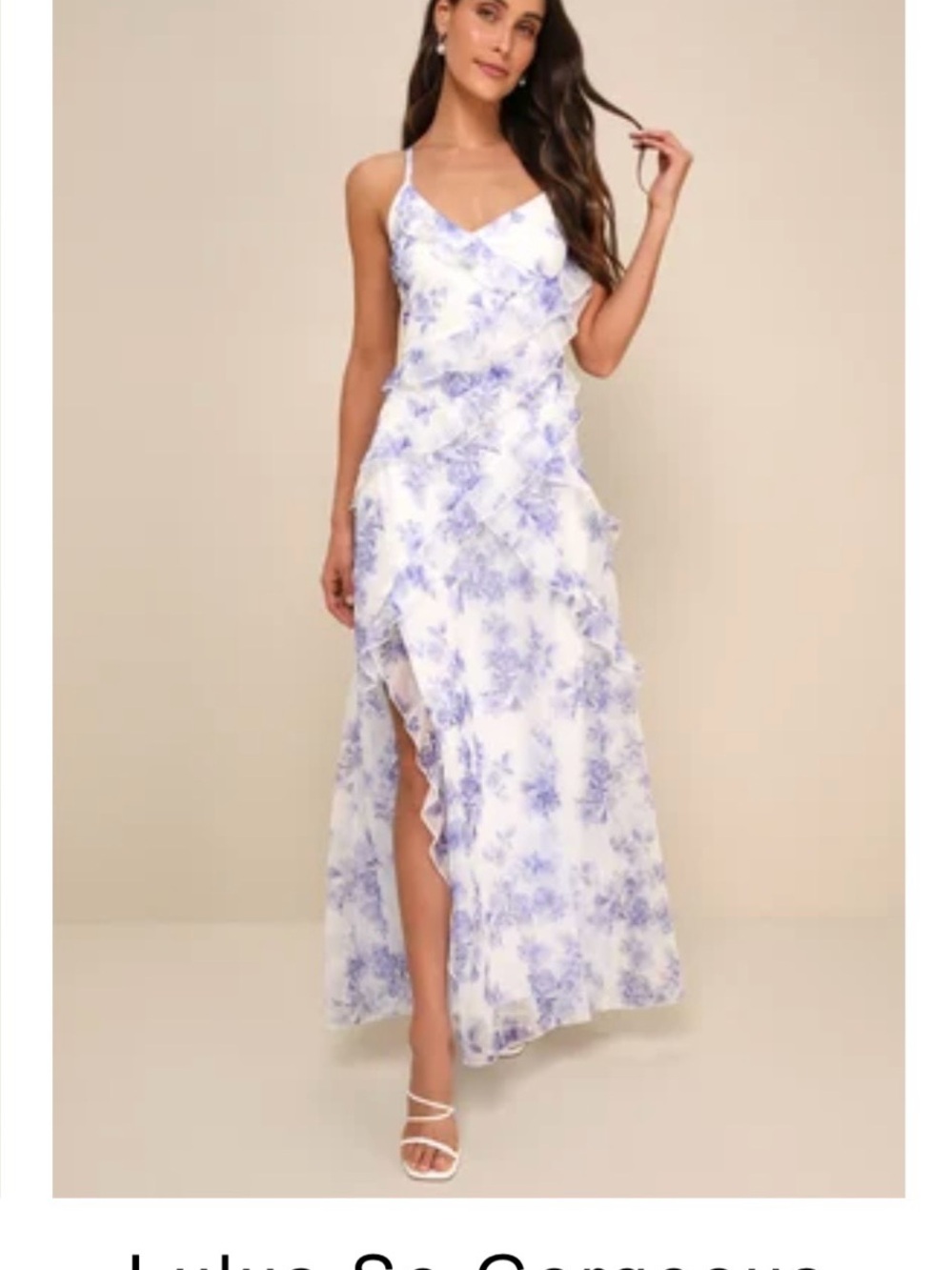 Lulu's White and Light Blue Floral High-Low Ruffle Maxi Dress